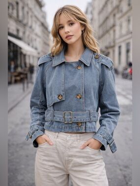 b[e] Women's Cropped Denim Trench Jacket